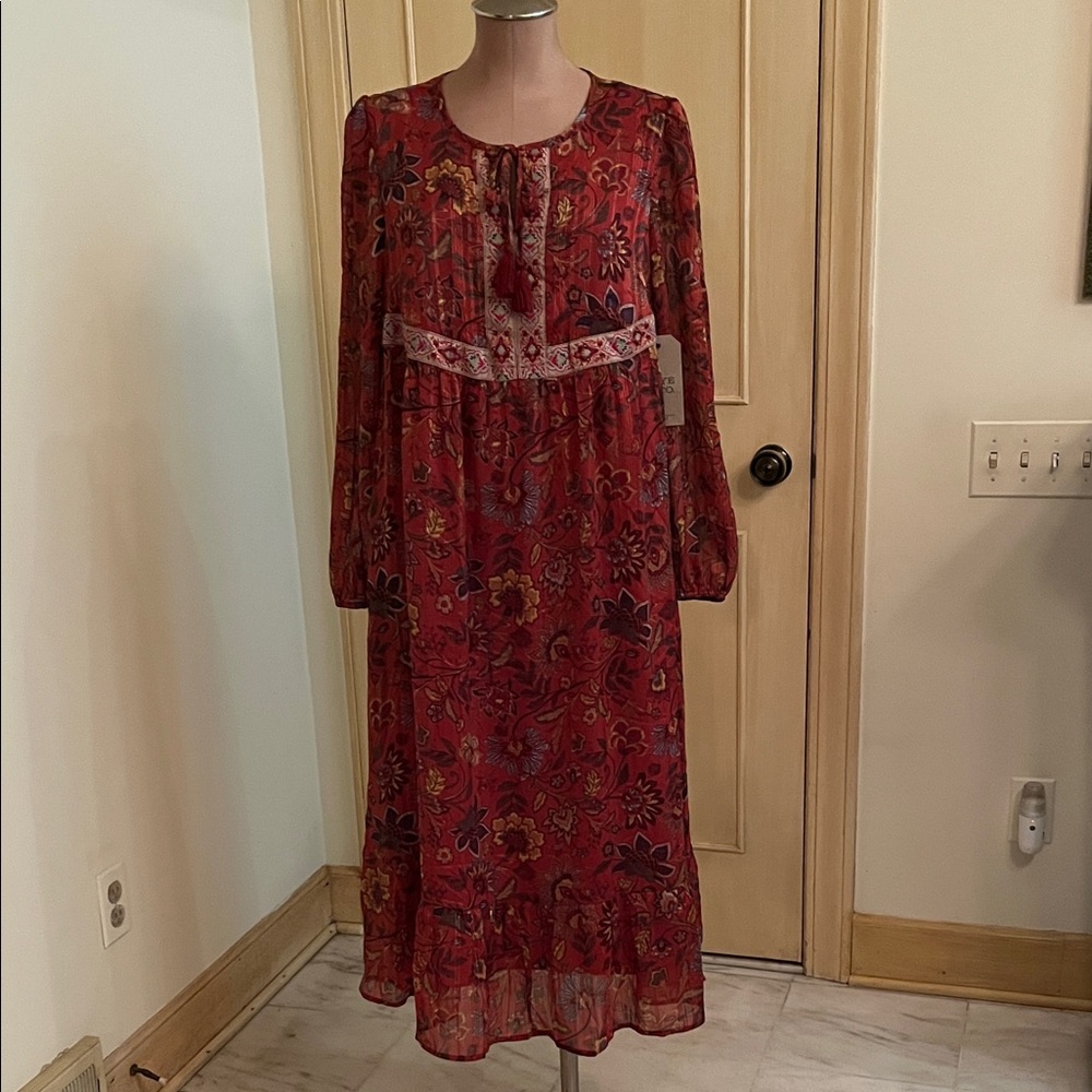 FRYE AND CO. NWT Boho Western Granola Rust Floral Metallic Empire Tier Midi SZ M